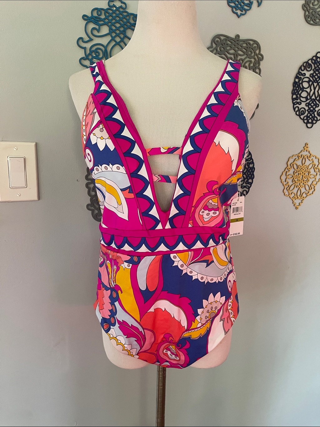 Trina Turk Pink, Blue & Orange Printed Deep V One-Piece Swimsuit Nwt Size 14